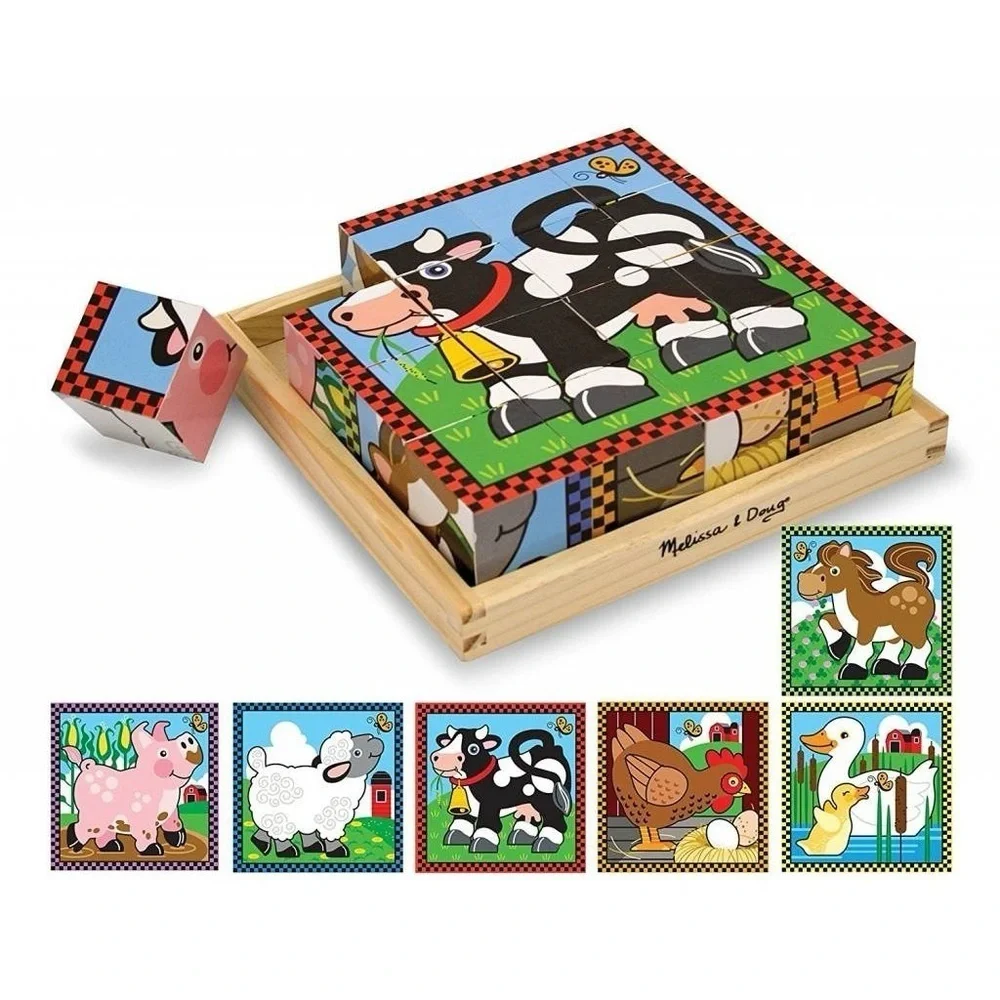 Melissa & Doug Farm Wooden Cube Puzzle - Black and White Cow